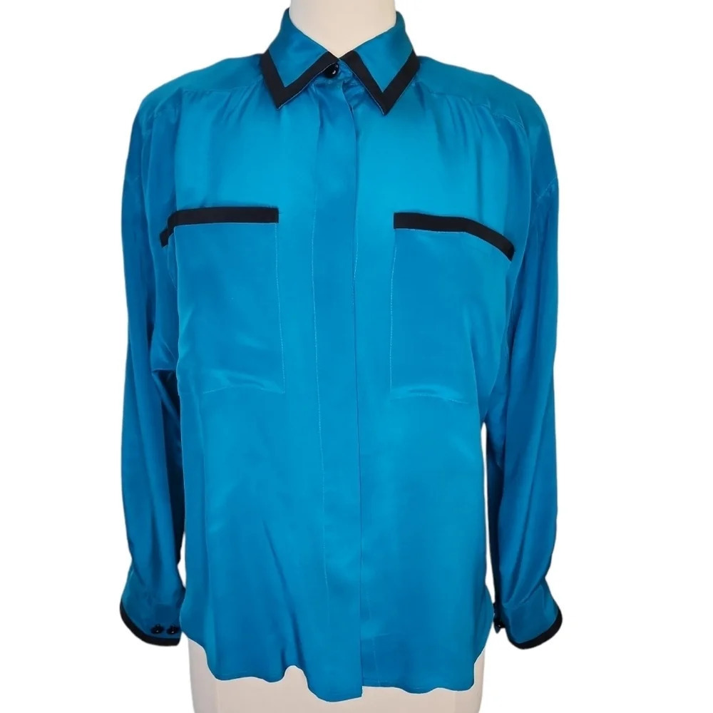 Vintage Eleanor P Brenner Silk Blouse Blue & Black Button Down Size Medium Flaws